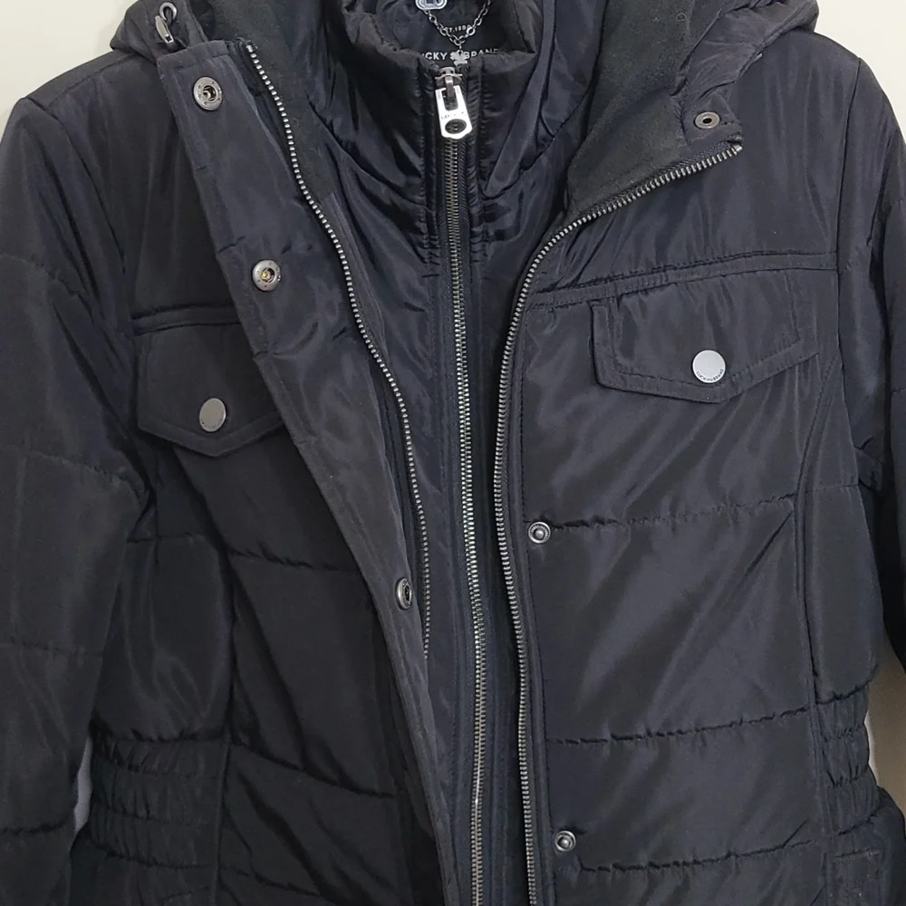 Lucky Brand Double Zip Hooded Puffer Women's Long Jacket Black Size S